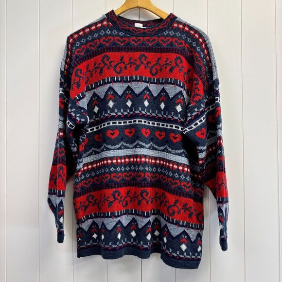 Vintage Ship N Shore Womens Norse Fair Isle Grannycore Hearts Sweater Size 1X - Picture 1 of 8